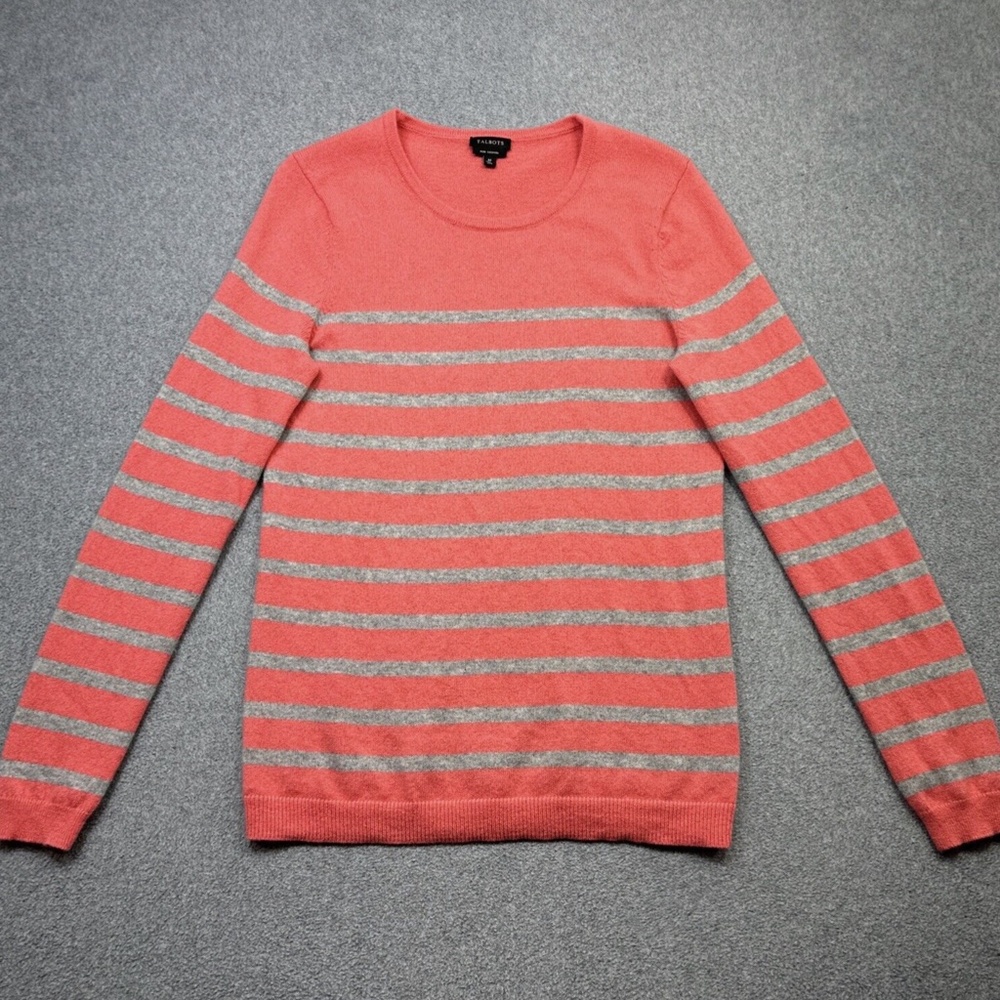 M / EUC Talbots 100% Cashmere Striped Sweater Grey and Coral/Peach